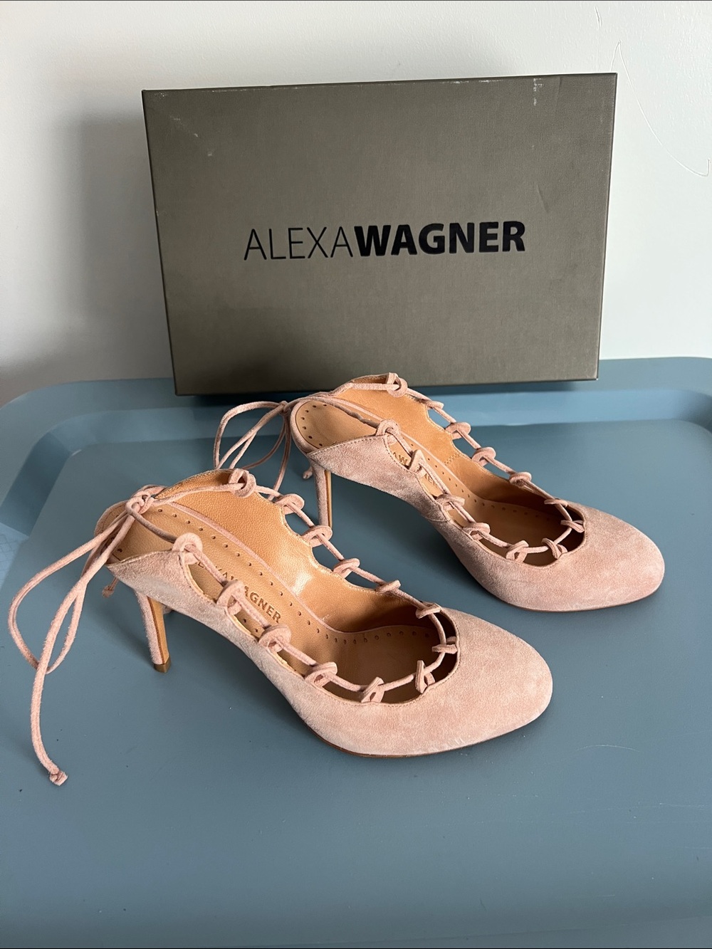 Alexa Wagner chanel marcelle pale rose light pink suede leather round toe heels